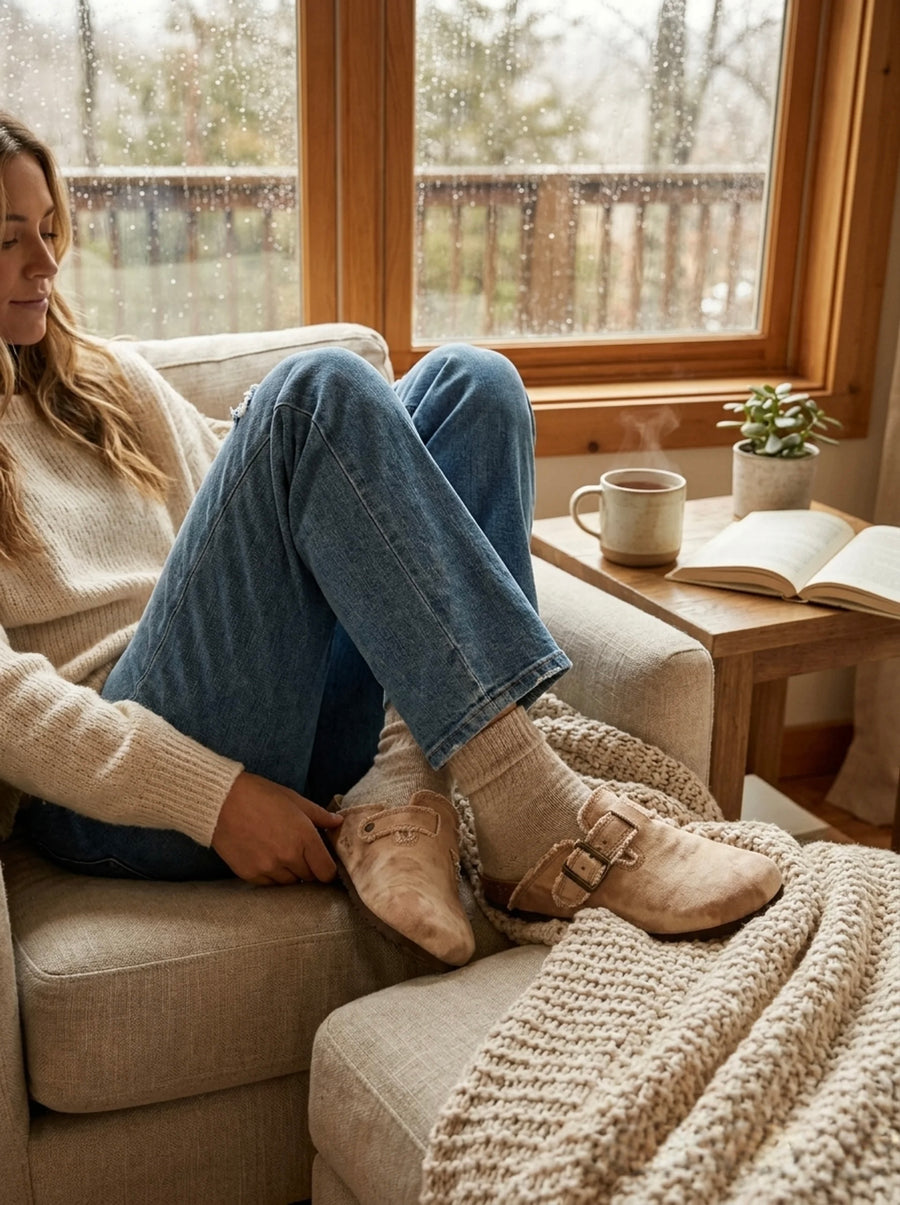 The Sunday Mule by STILL. in Oat Suede — soft natural-canvas buckled clog, shown in warm natural light.