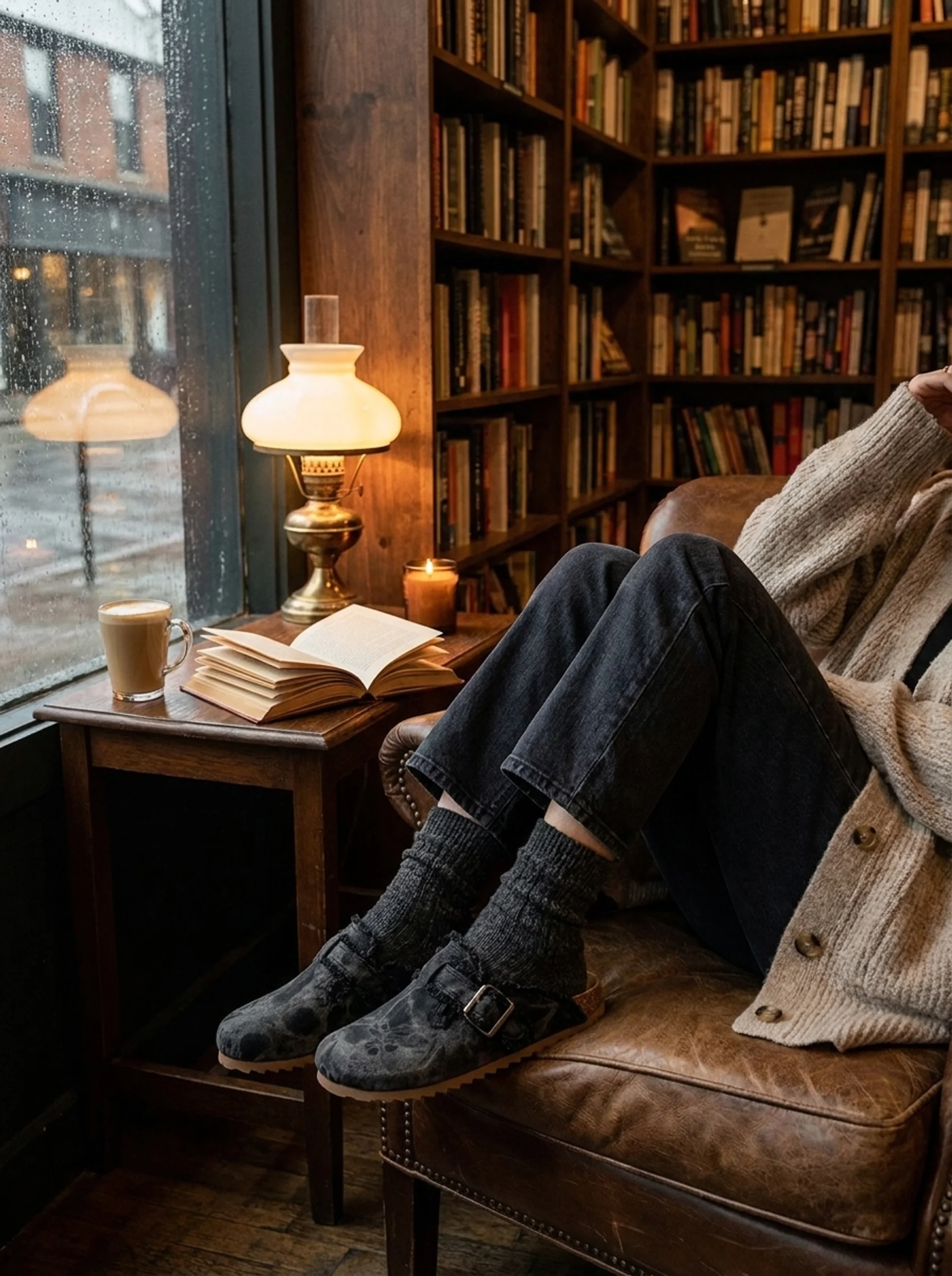 The Sunday Mule by STILL. in Graphite Suede — deep grey buckled clog in a calm, minimal setting.