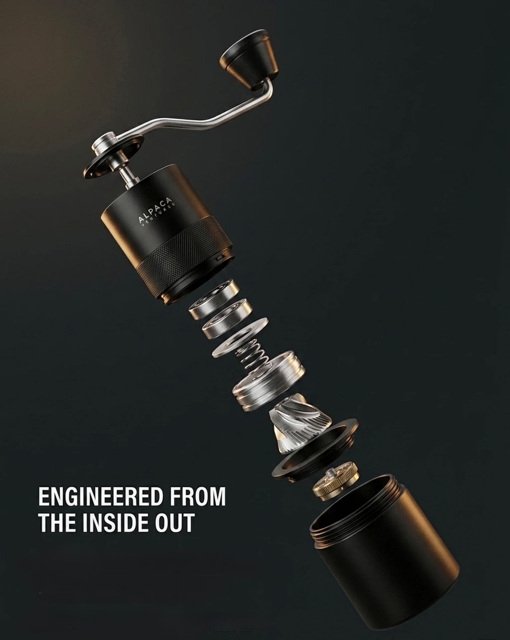 Cutaway view of the ALPACA grinder showing its internal stainless conical burr mechanism