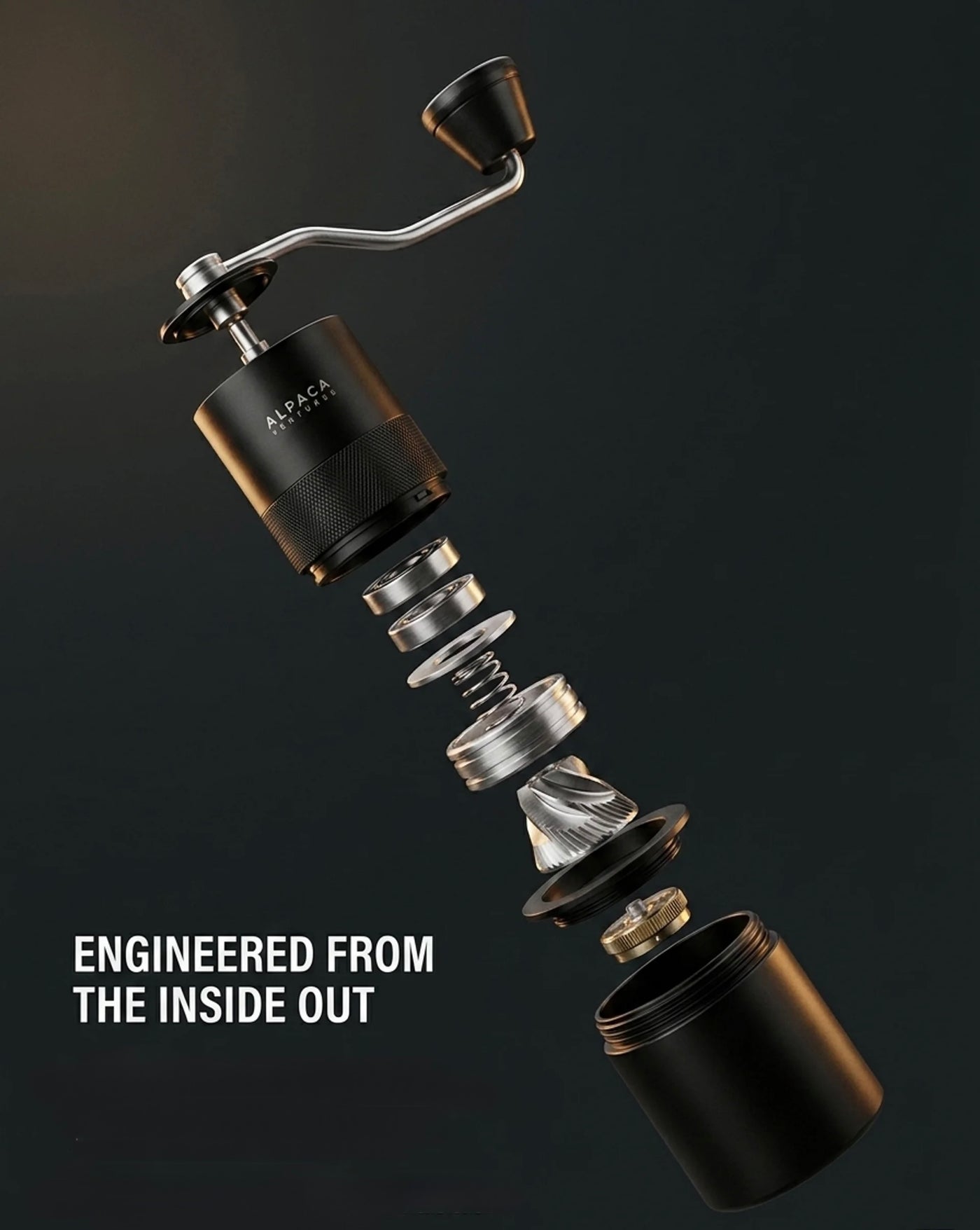 Cutaway view of the ALPACA grinder showing its internal stainless conical burr mechanism