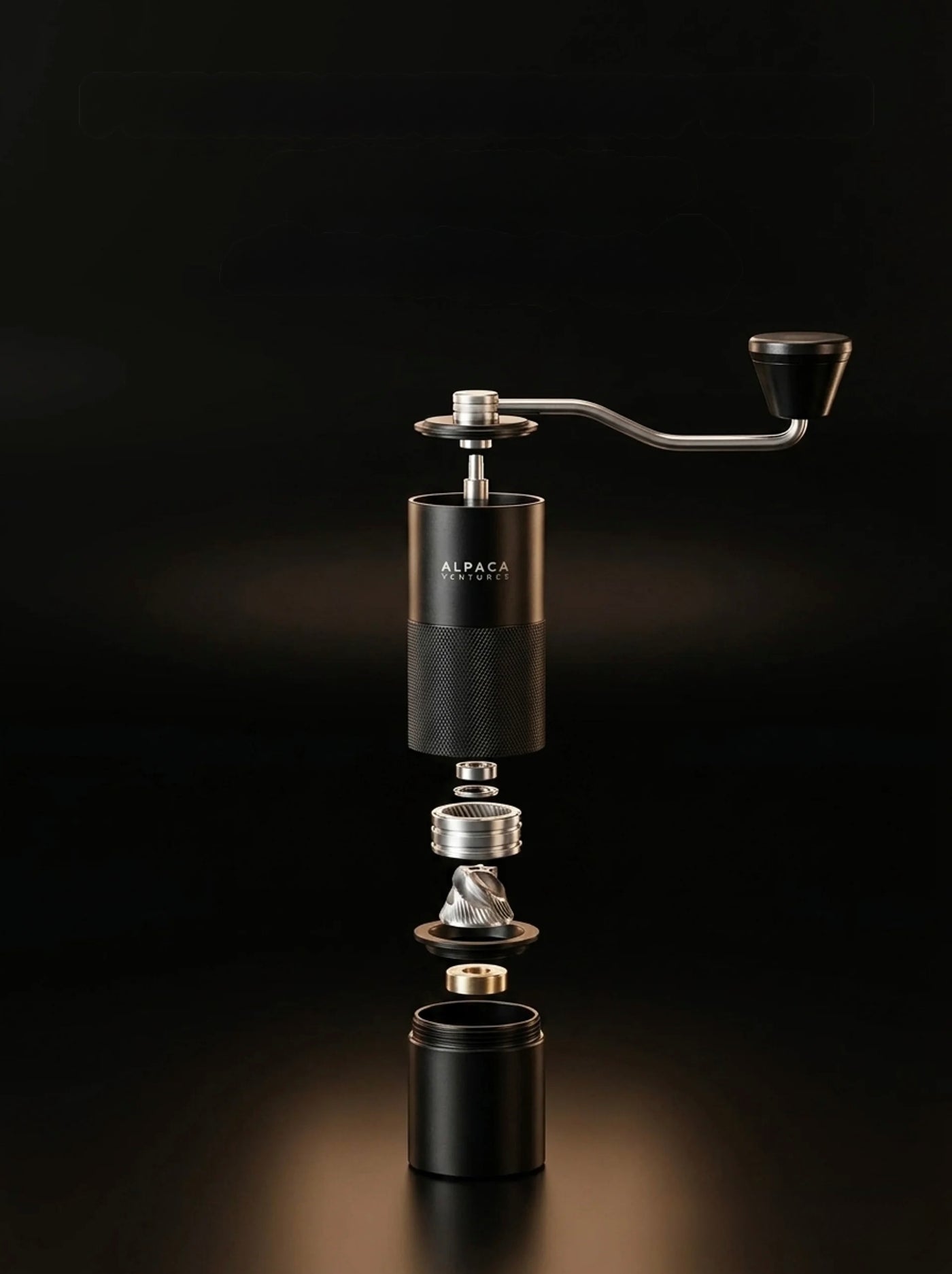 Detail of the ALPACA grinder's stainless steel burrs and aluminum-alloy body