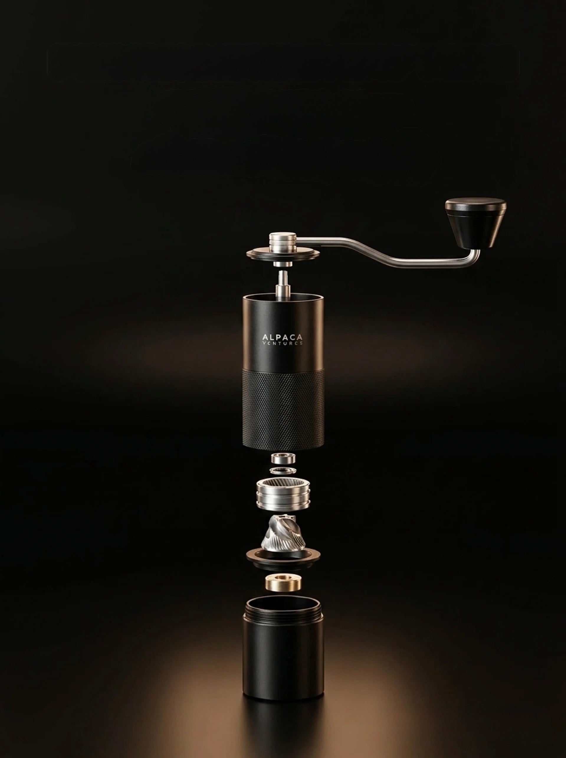 Detail of the ALPACA grinder's stainless steel burrs and aluminum-alloy body
