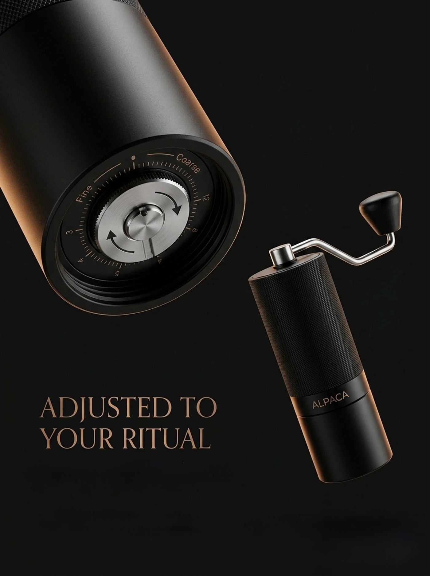ALPACA manual coffee grinder on a dark background, dialed to a fine grind setting
