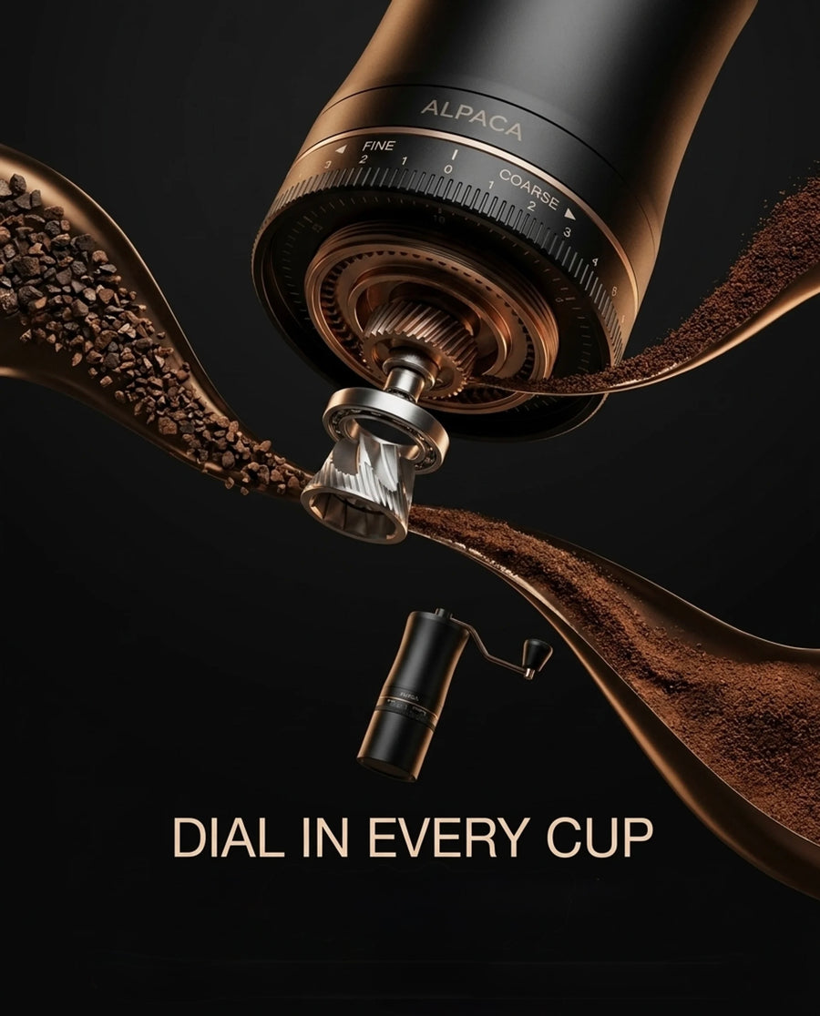 Close-up of the ALPACA grinder's adjustable grind dial and conical burr releasing fresh grounds