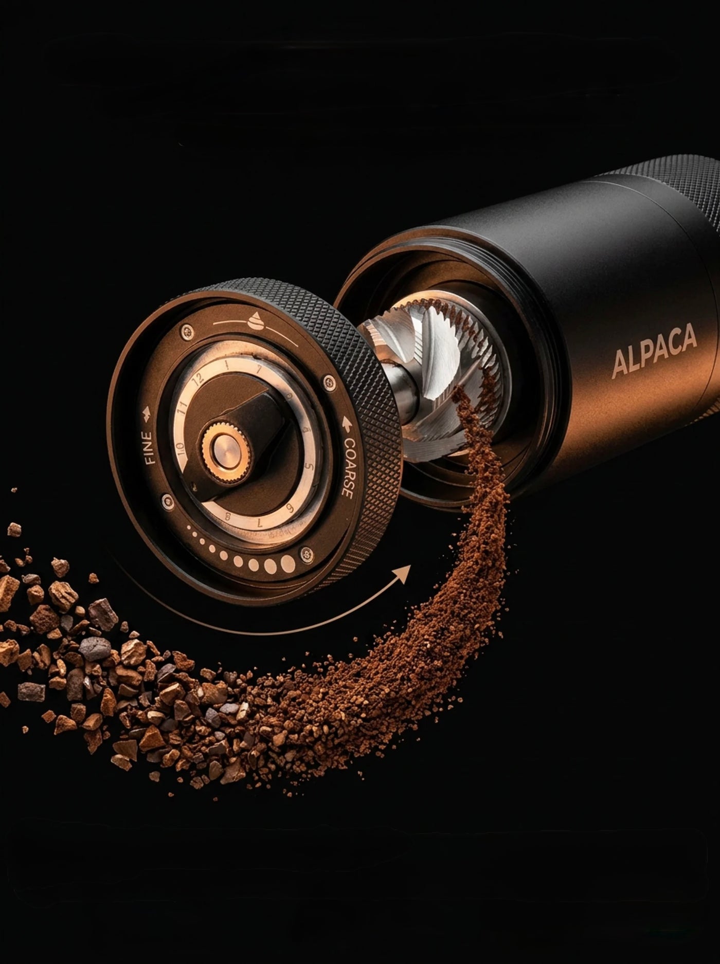 ALPACA grinder shown with espresso, pour over, Chemex, French press and cold brew setups