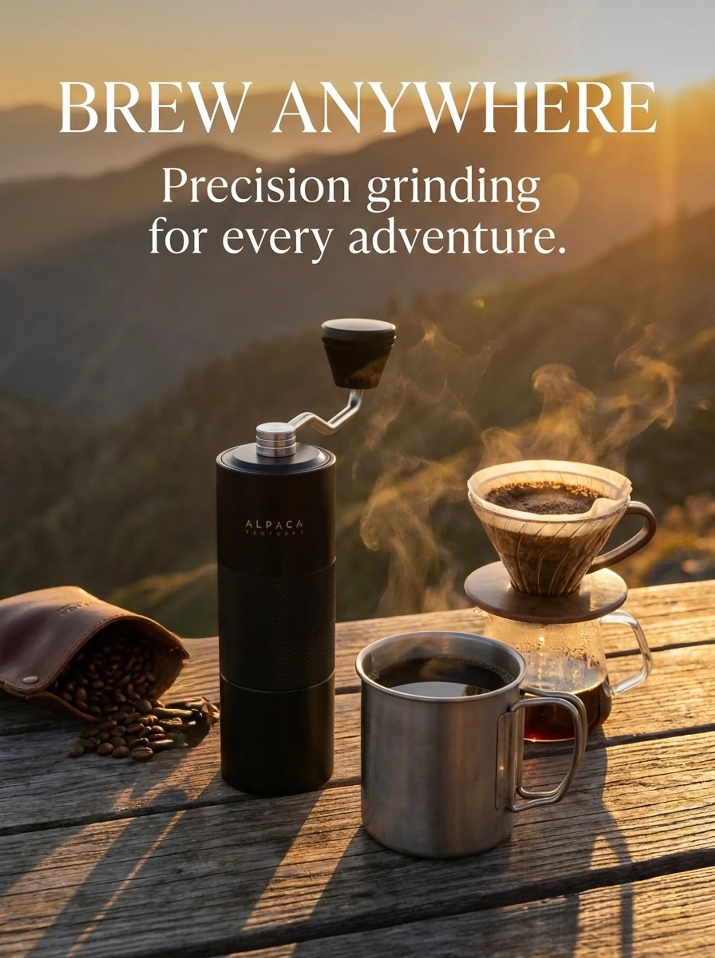 ALPACA manual coffee grinder outdoors beside a pour-over carafe, mug and coffee beans, captioned Brew Anywhere