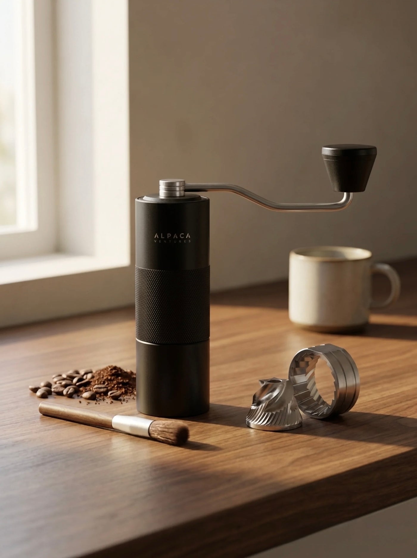 ALPACA manual coffee grinder resting on a warm tabletop with scattered coffee beans