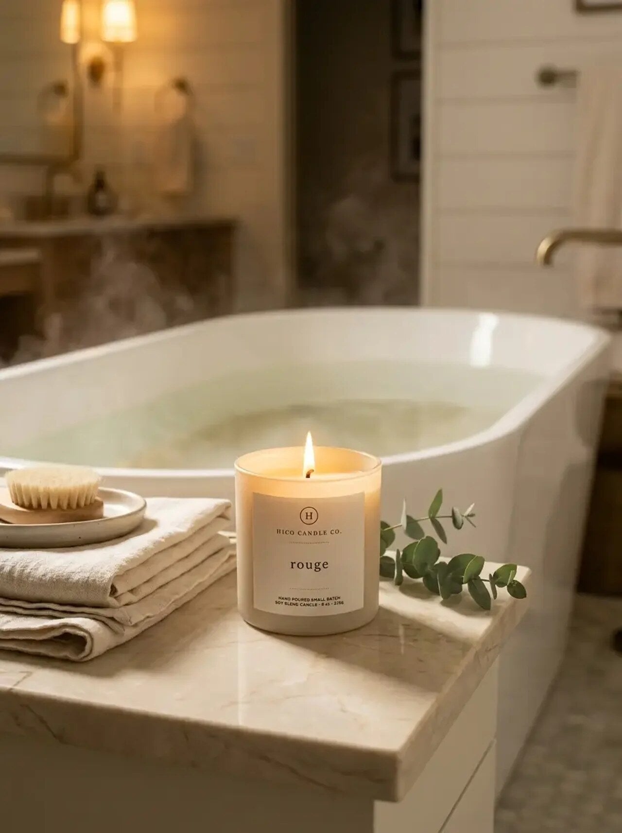 Hico Rouge candle resting on the edge of a bath.